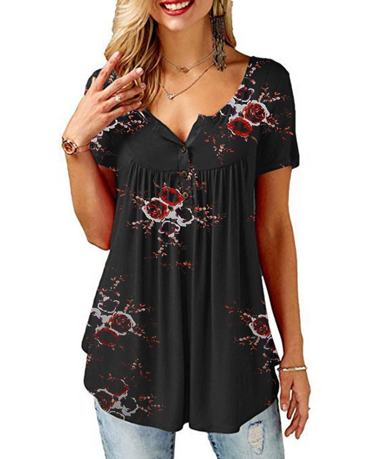 Polyester Fiber Women's Printed V-neck T-shirt Short Sleeve Loose Top