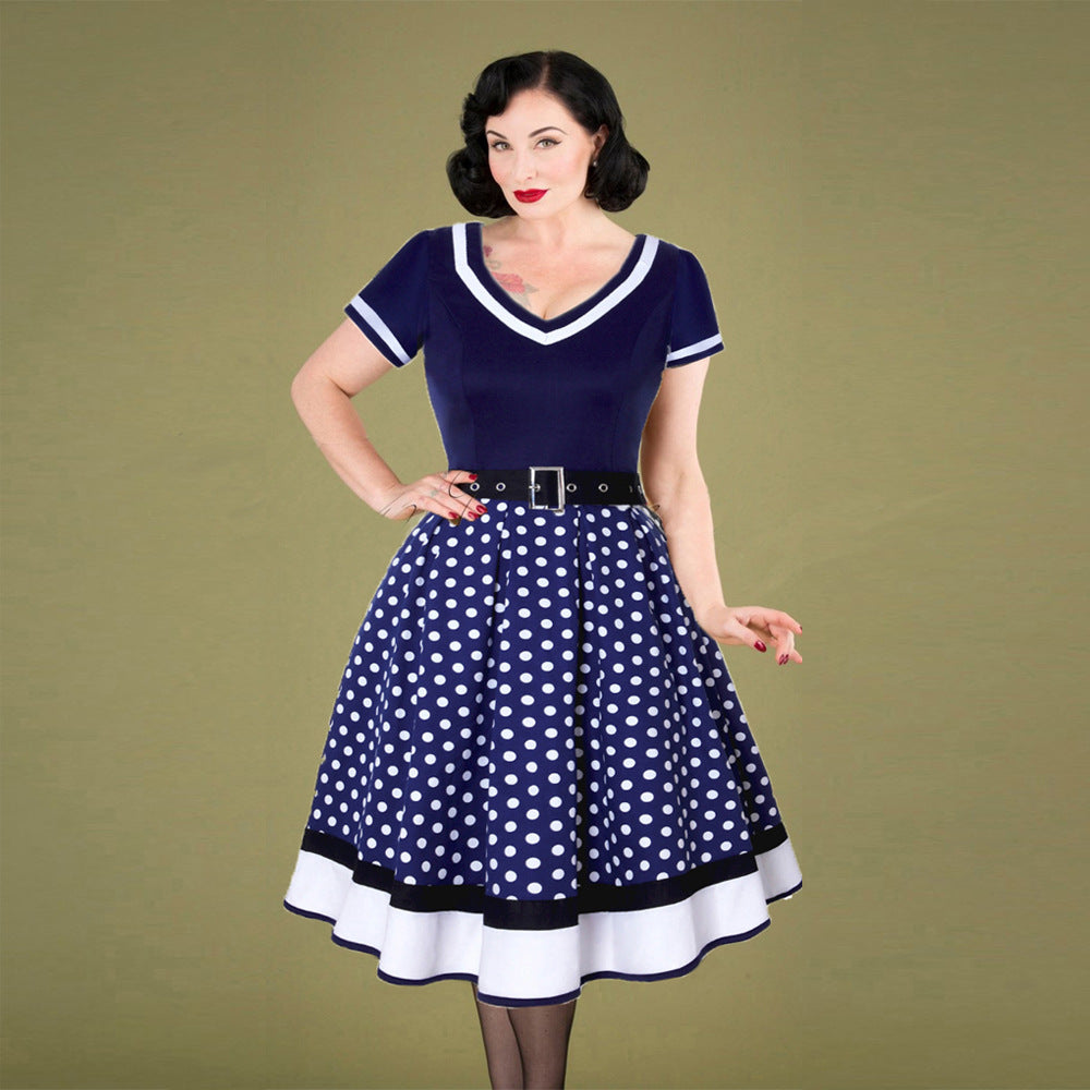 Retro Cotton Pleated Skirt V-neck Dot Swing Dress