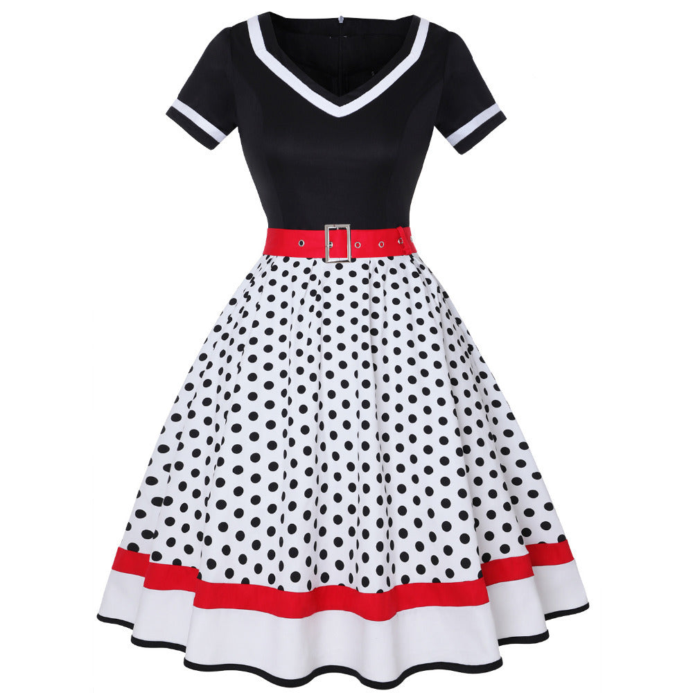 Retro Cotton Pleated Skirt V-neck Dot Swing Dress