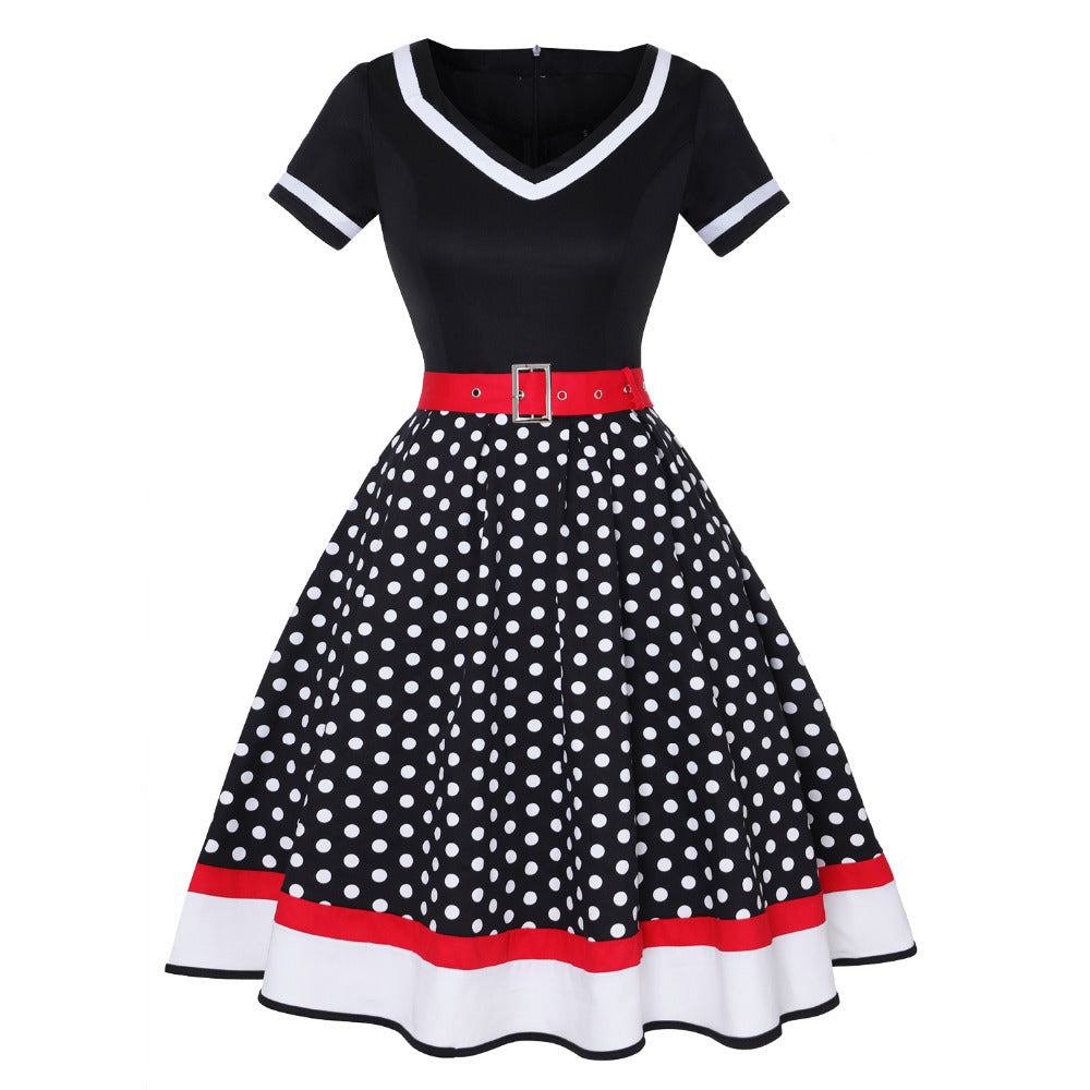 Retro Cotton Pleated Skirt V-neck Dot Swing Dress