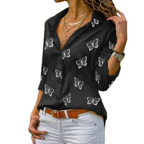 Women's Multi-color Butterfly Chiffon Print Loose Lapels Shirt