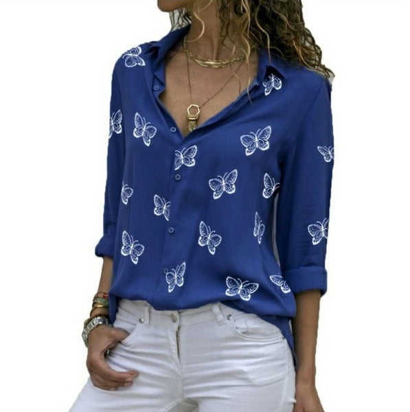 Women's Multi-color Butterfly Chiffon Print Loose Lapels Shirt