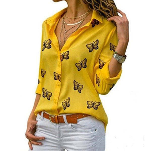 Women's Multi-color Butterfly Chiffon Print Loose Lapels Shirt