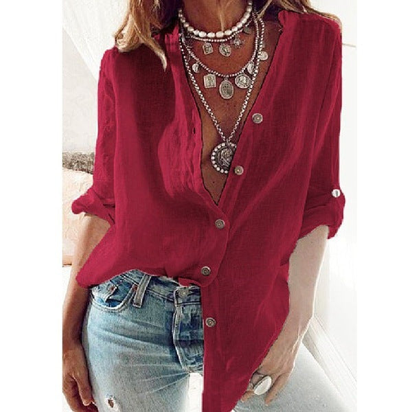 Autumn Street Hipster Pure Color Cotton Sleeves Loose-fitting V-neck Long Women's Top