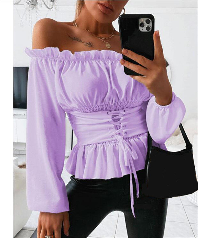 Women Autumn Temperament Commute Long-sleeved Off-shoulder Ruffled Shirt