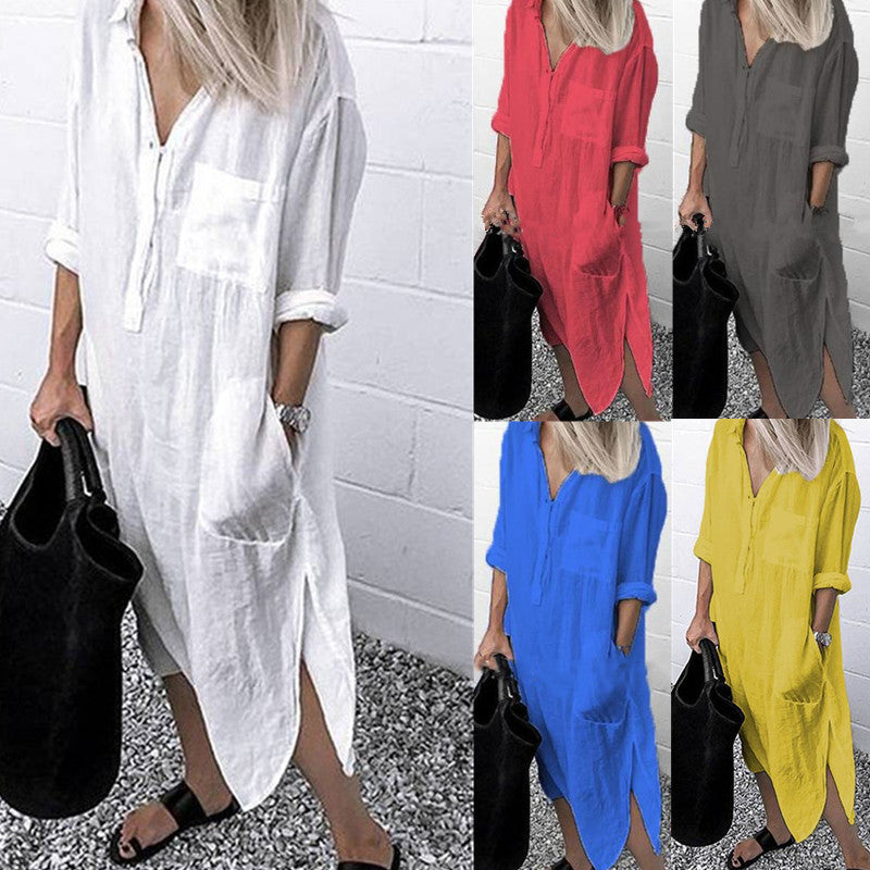 Elegant Solid Color Cotton Blend Simple Long Shirt Women's Dress