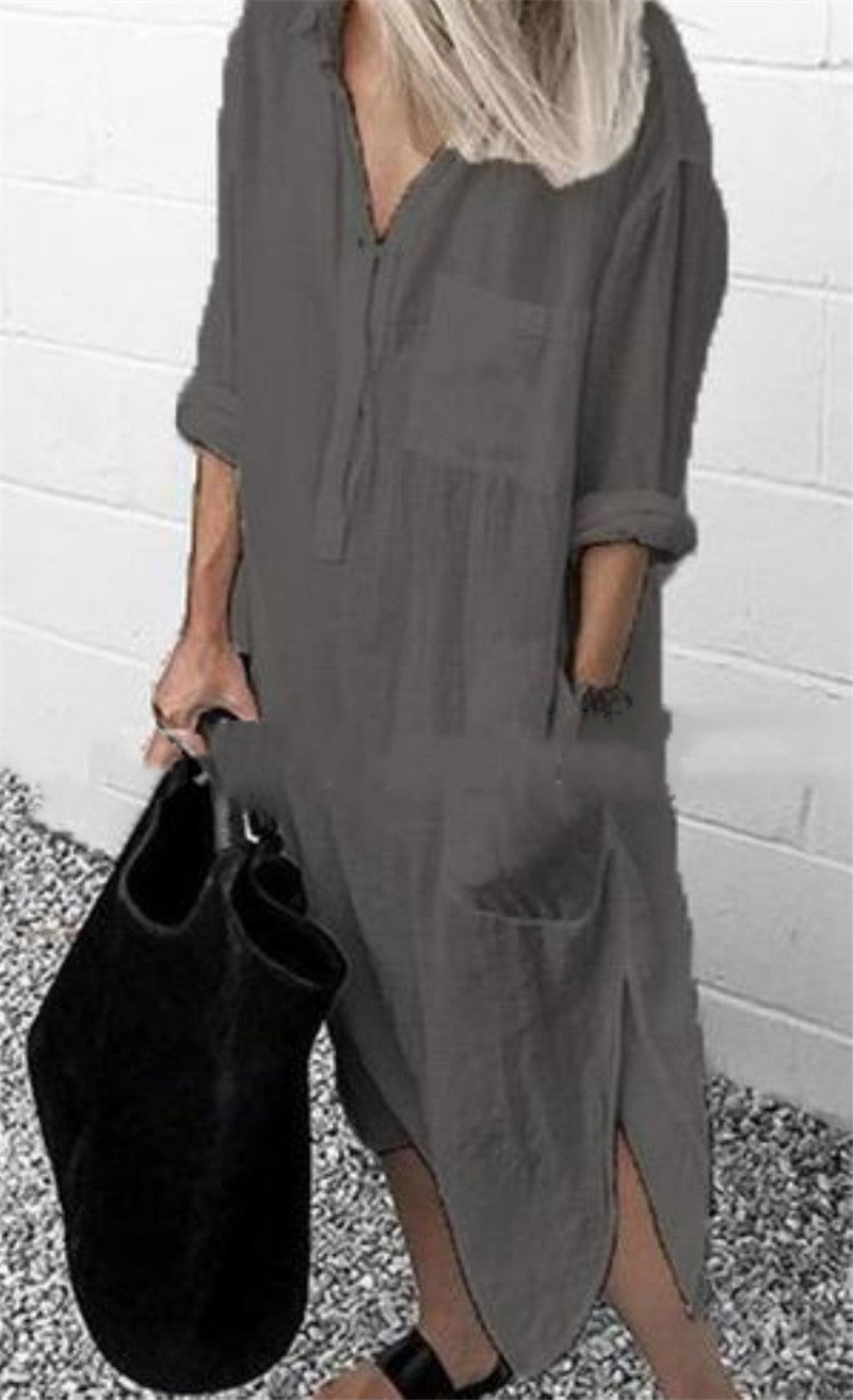 Elegant Solid Color Cotton Blend Simple Long Shirt Women's Dress