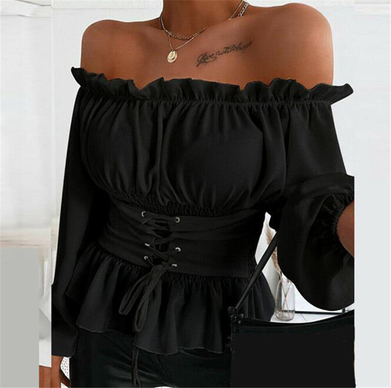 Women Autumn Temperament Commute Long-sleeved Off-shoulder Ruffled Shirt