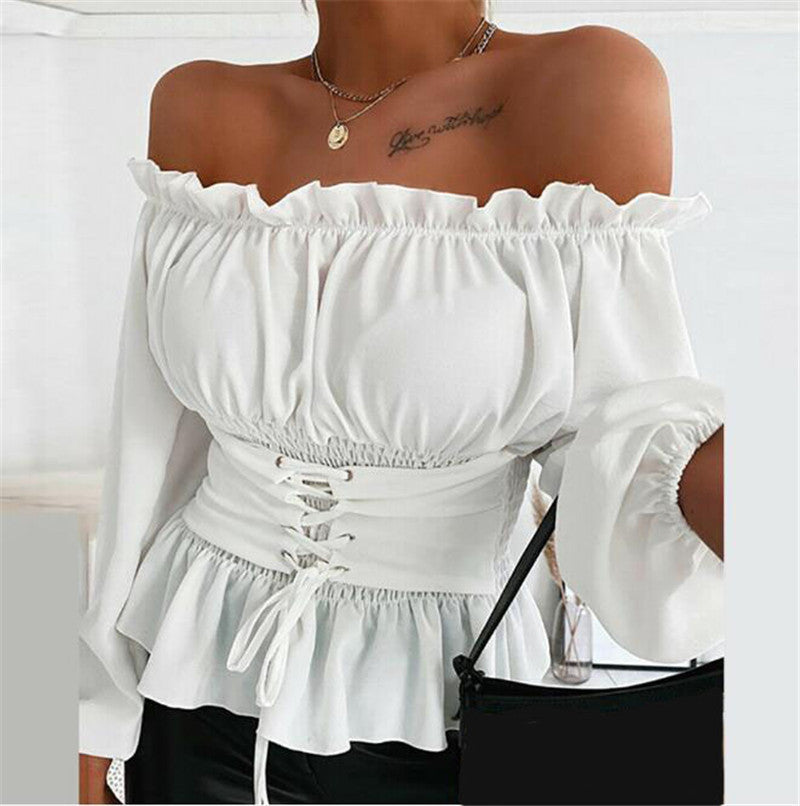 Women Autumn Temperament Commute Long-sleeved Off-shoulder Ruffled Shirt