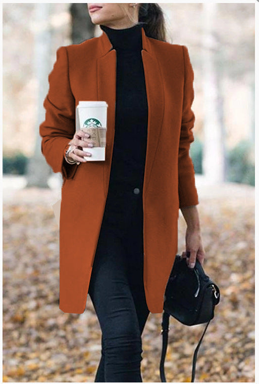Fashion Solid Regular Sleeve Color Collar Woolen Coat