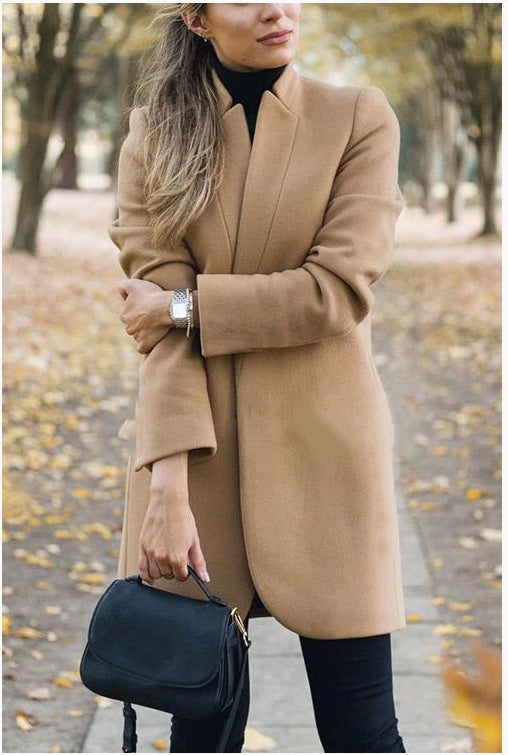 Fashion Solid Regular Sleeve Color Collar Woolen Coat