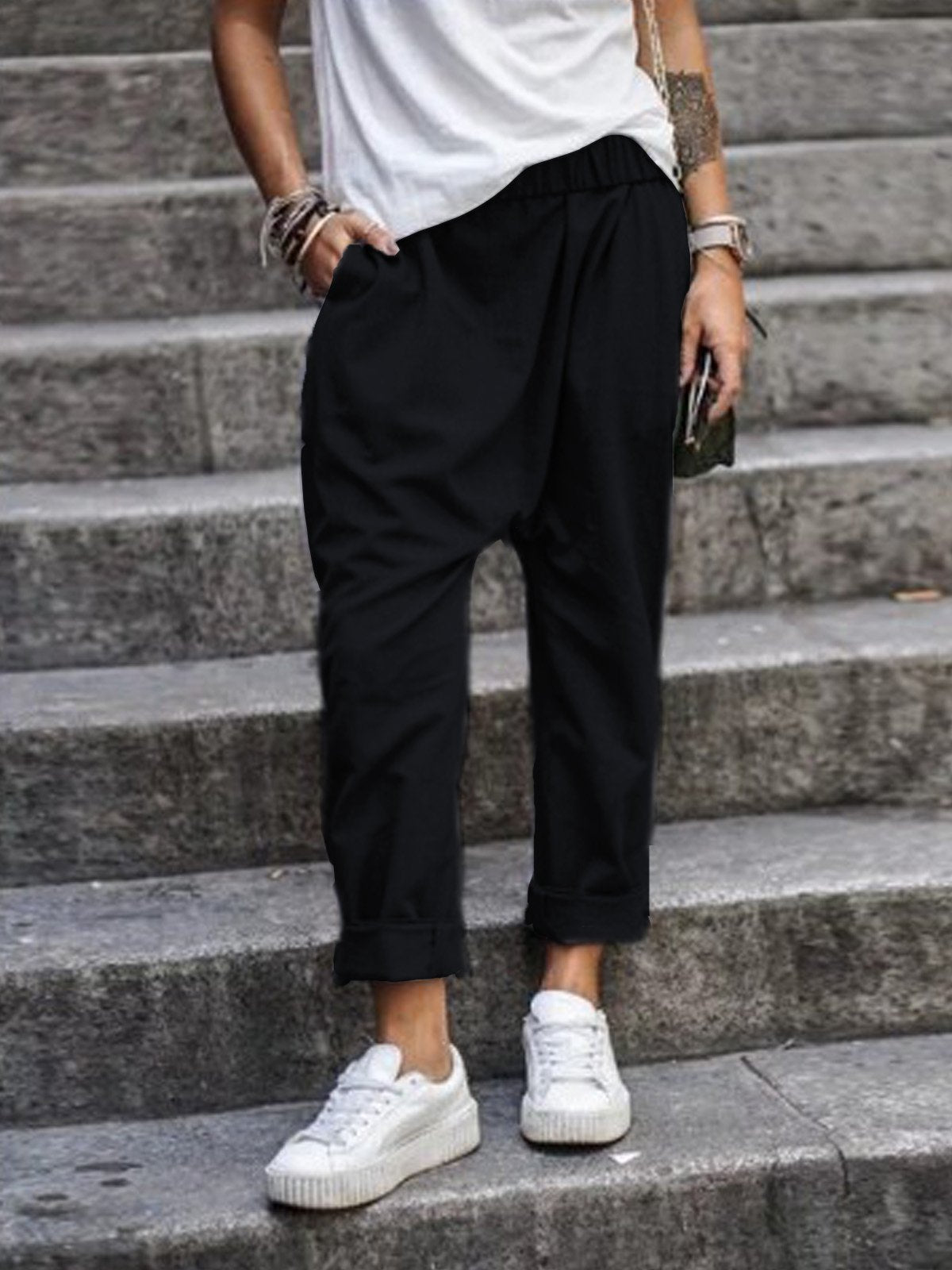 Solid Color Harem Pants Casual Elastic High Waist Trousers