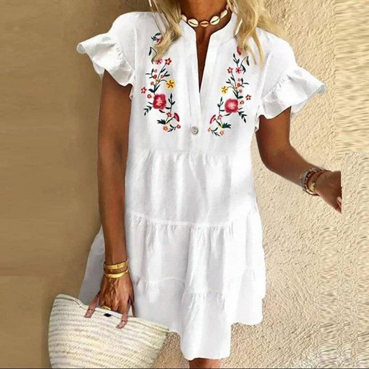 Printing Autumn Cute Temperament Printed Tassel V-neck Short Dress