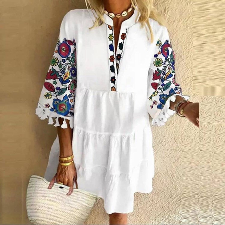 Printing Autumn Cute Temperament Printed Tassel V-neck Short Dress