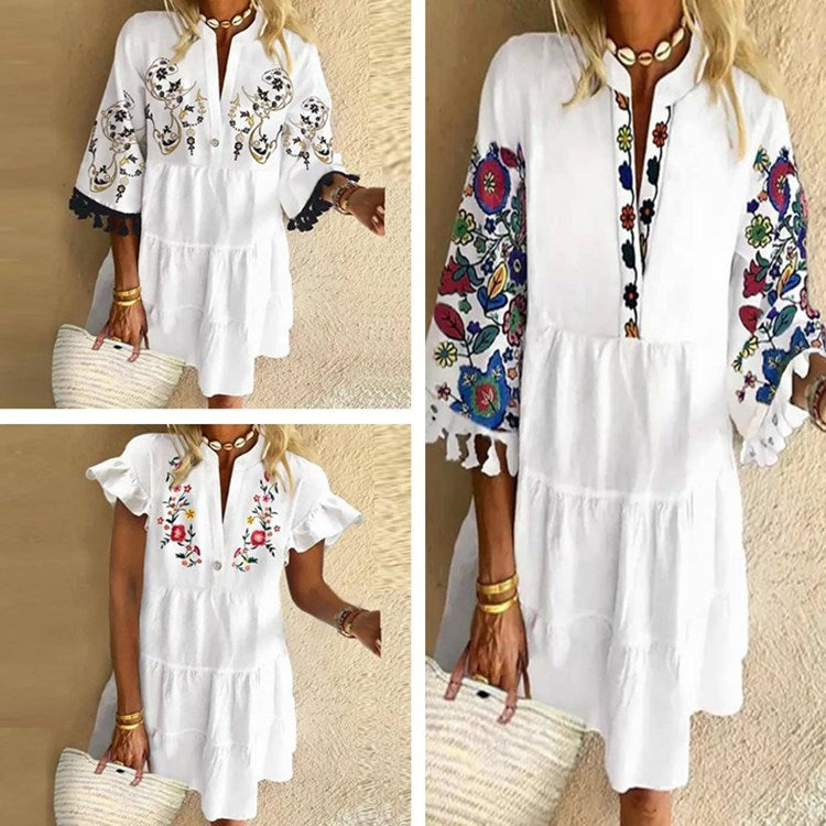 Printing Autumn Cute Temperament Printed Tassel V-neck Short Dress