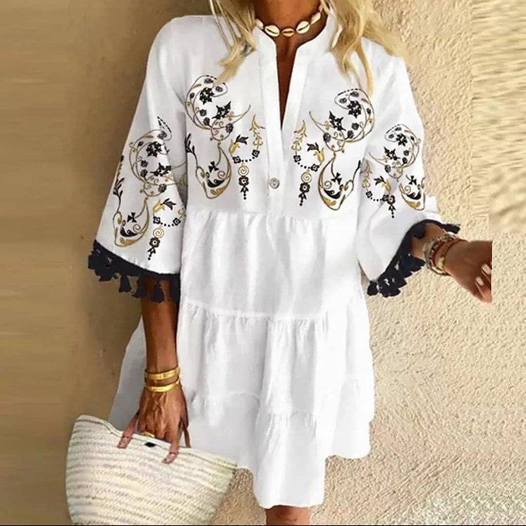 Printing Autumn Cute Temperament Printed Tassel V-neck Short Dress