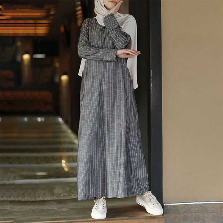 Fashionable Autumn Artistic Retro Women's Cotton Basic Model Linen Pullover Round Neck Skirt