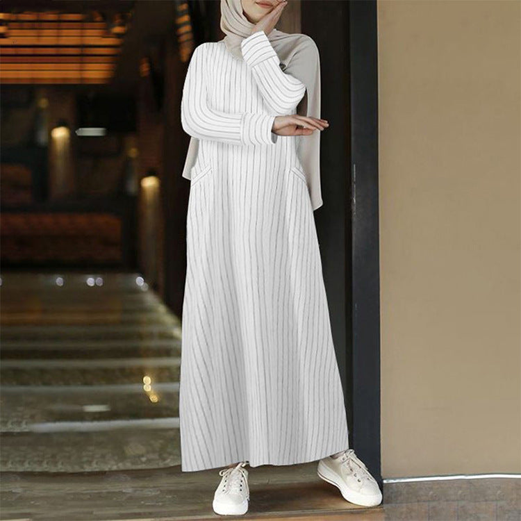 Fashionable Autumn Artistic Retro Women's Cotton Basic Model Linen Pullover Round Neck Skirt