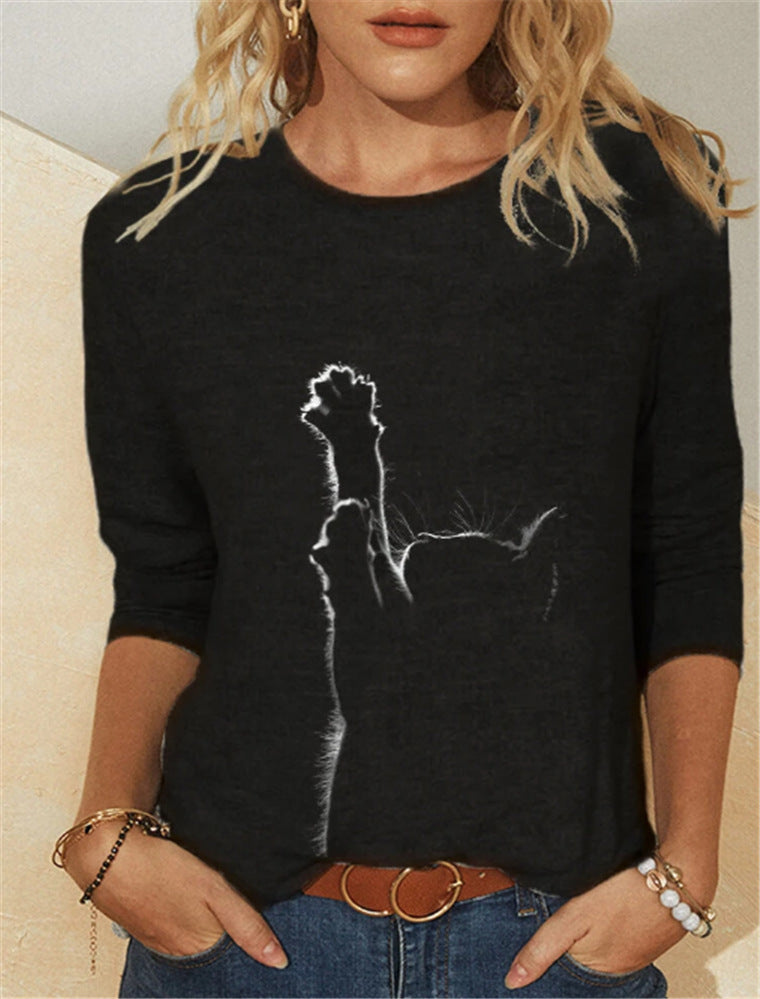 Women's Knitted Leisure Long-sleeved Animal Print Round Neck Casual T-shirt