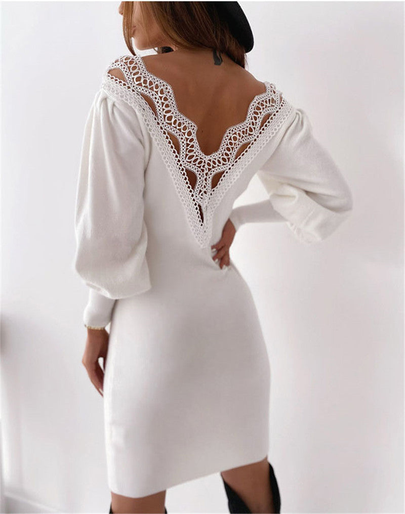 Autumn Sexy Long Sleeve Backless Hollow-out Lace V-neck Waist Dress