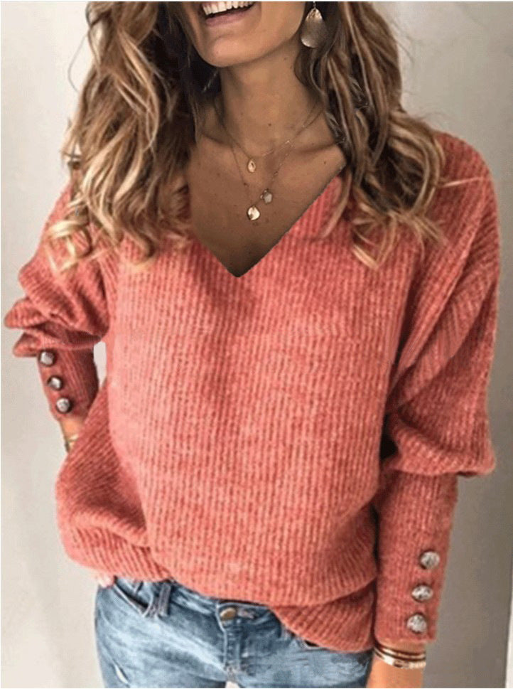 Cotton Blend Fashion Women's Wear Pure Color Knitted V-neck Loose Long Sleeve T-shirt