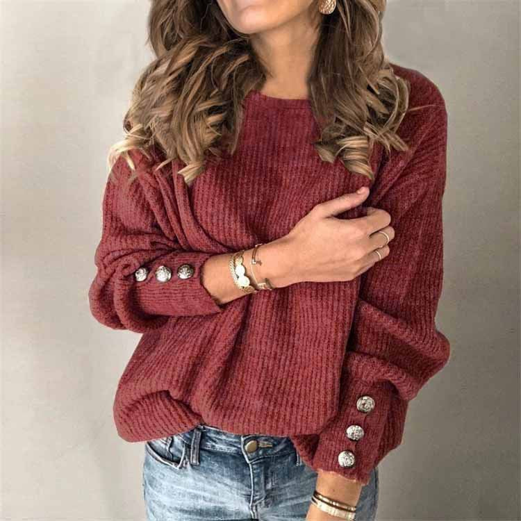 Women's Street Hipster Long-sleeved Round Neck Button Sweater Top T-shirt