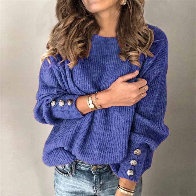 Women's Street Hipster Long-sleeved Round Neck Button Sweater Top T-shirt