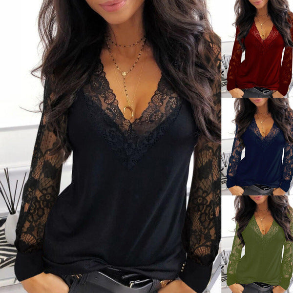 Women's Lace Loose V-neck Patchwork Long-sleeved T-shirt