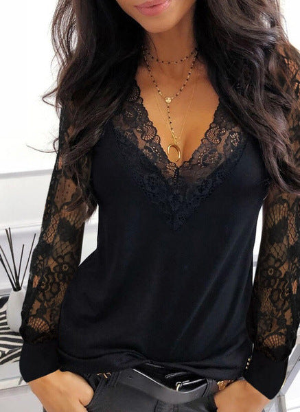 Women's Lace Loose V-neck Patchwork Long-sleeved T-shirt