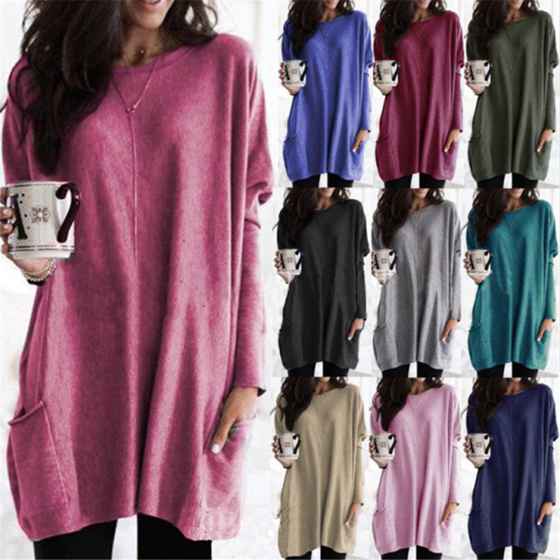 Women's Autumn Pullover Casual Round Neck Long Sleeve Pocket T-shirt Top