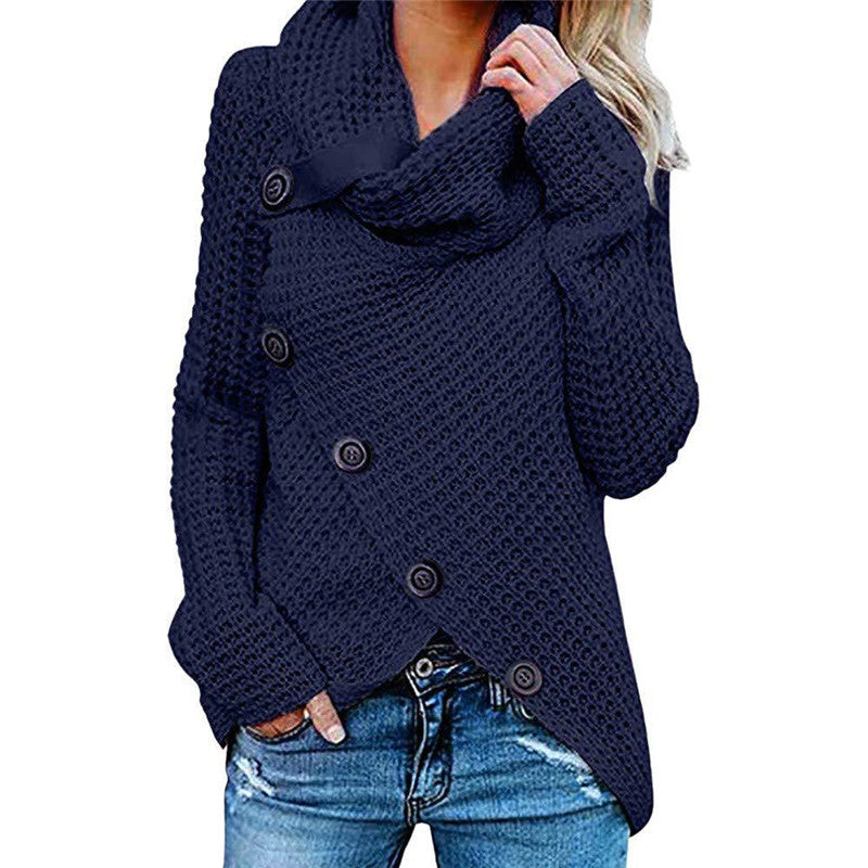 Button Turtleneck Loose Solid Color Women's Sweater Long Sleeve Pullover