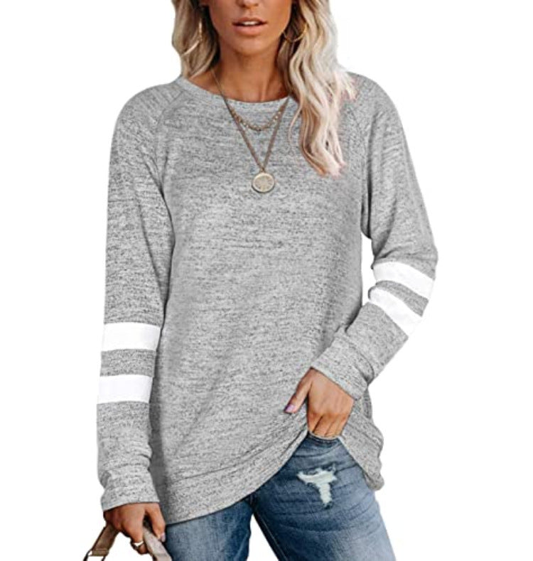 Women's Ladies Long Sleeve Solid Color Patchwork Round Neck Casual Printed T-shirt Top