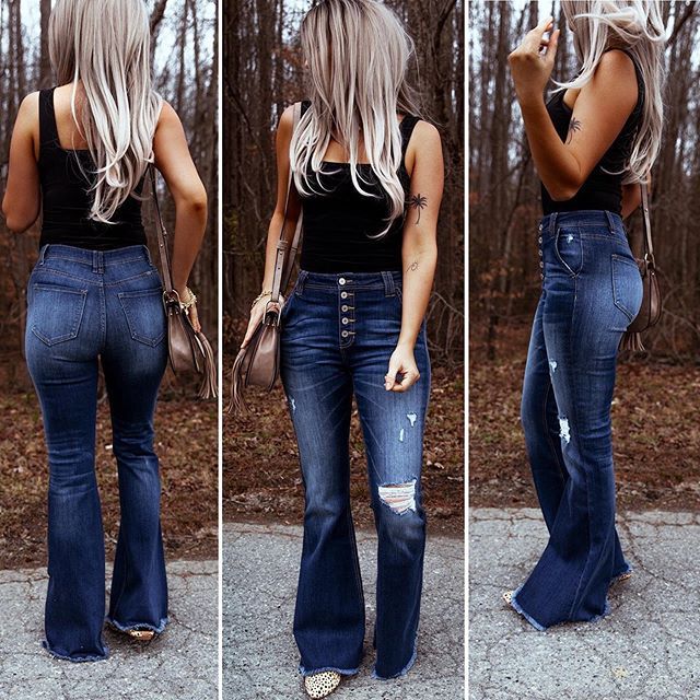 Cowboy Ripped High Waist Stretch Flared Pants Jeans