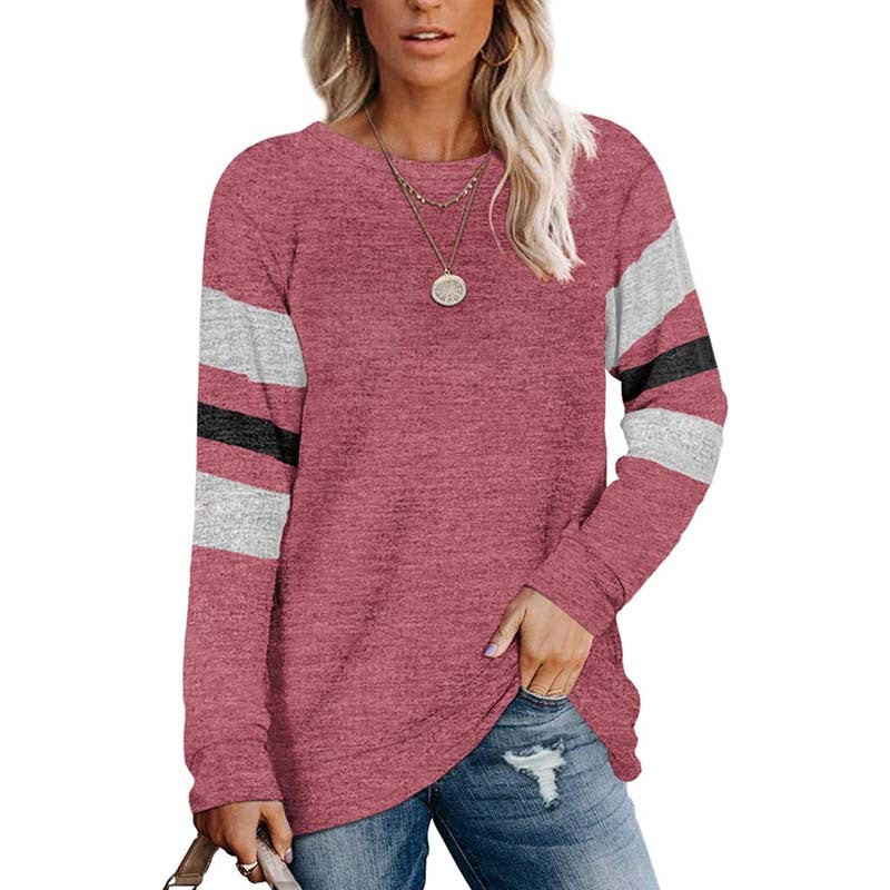 Women's Ladies Long Sleeve Solid Color Patchwork Round Neck Casual Printed T-shirt Top