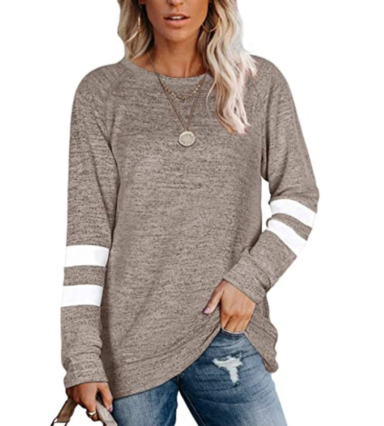 Women's Ladies Long Sleeve Solid Color Patchwork Round Neck Casual Printed T-shirt Top