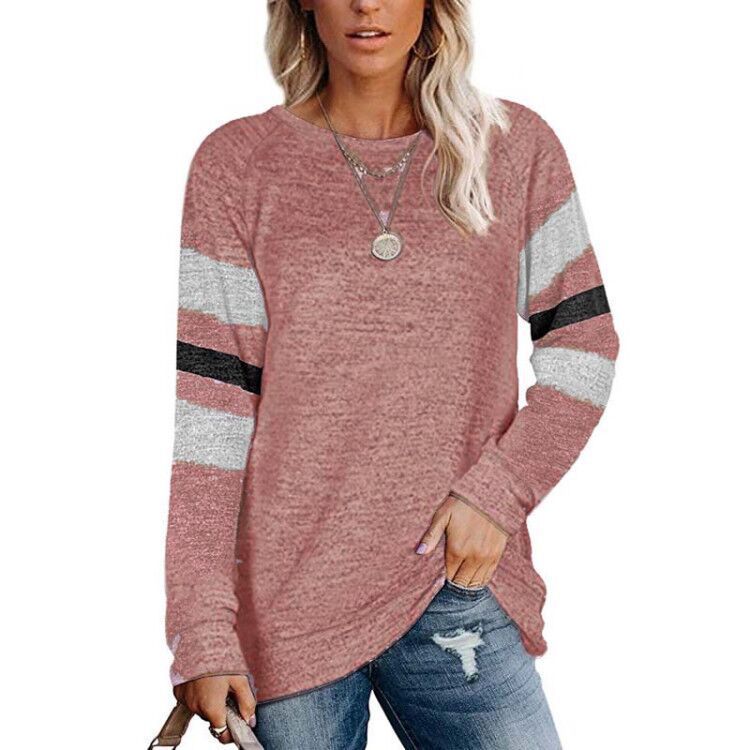 Women's Ladies Long Sleeve Solid Color Patchwork Round Neck Casual Printed T-shirt Top