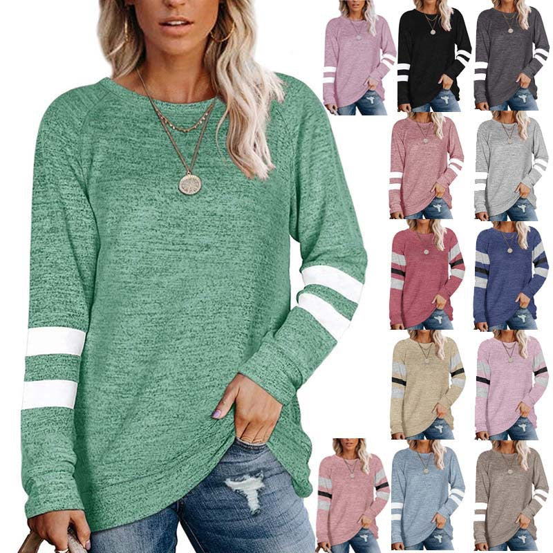 Women's Ladies Long Sleeve Solid Color Patchwork Round Neck Casual Printed T-shirt Top
