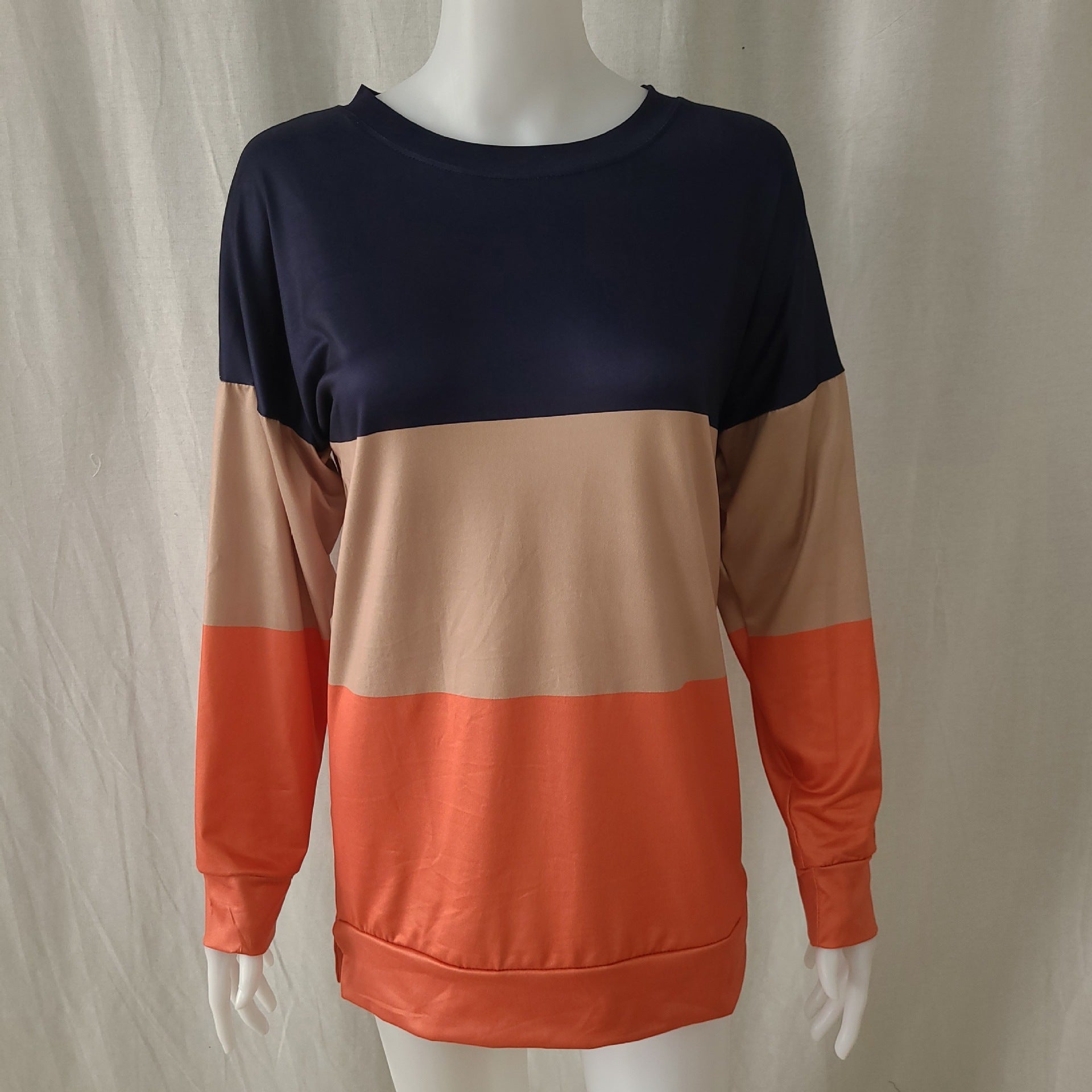 Women's Sweater Stitching Color Urban Leisure Top Round Neck Long Sleeve Loose Sweatshirt