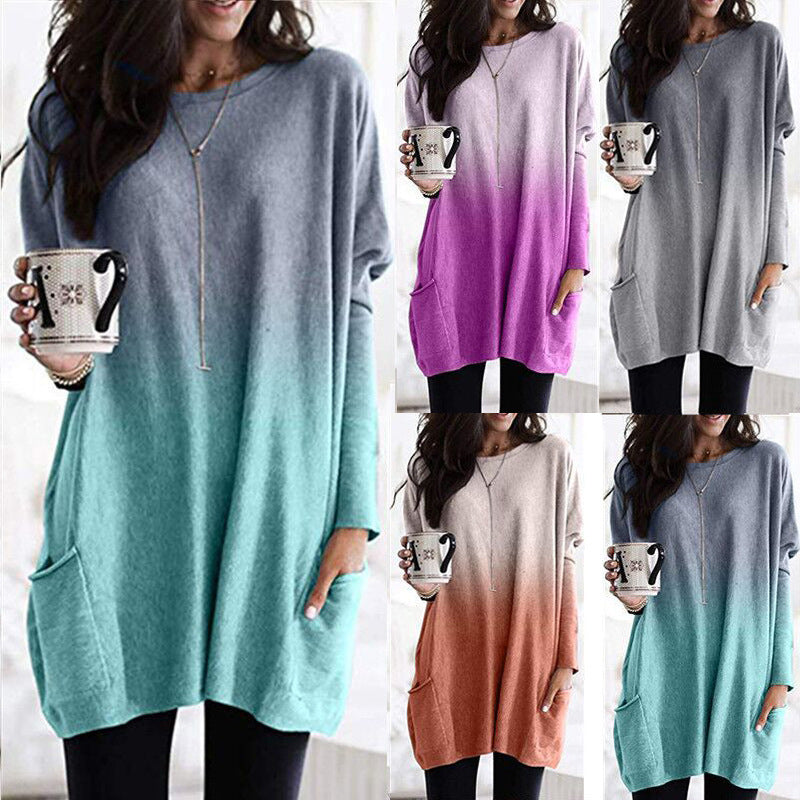 Gradient Urban Leisure Color Long Sleeve Casual Pocket Top Women's T-shirt