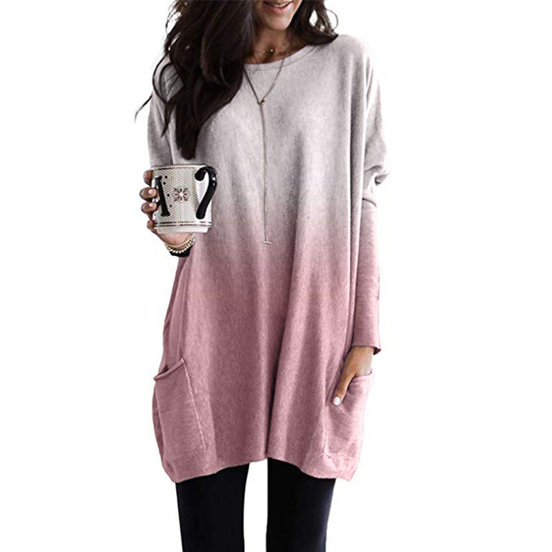 Gradient Urban Leisure Color Long Sleeve Casual Pocket Top Women's T-shirt