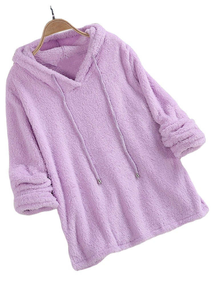 Solid Color Long Pullover Sleeve Hooded Plush Fleece Pajamas Women's Sweatshirt