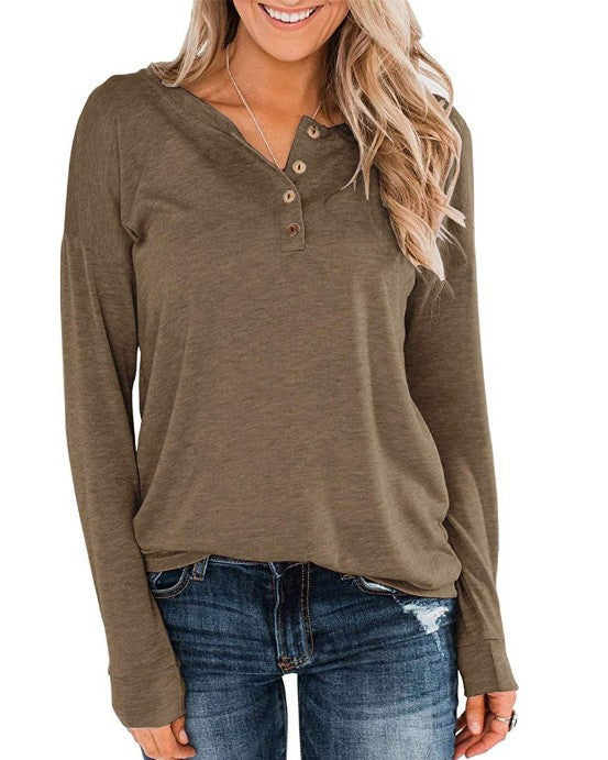 Women Solid Color Knitted Long-sleeved Leisure Round Neck Pullover Button Top T-shirt