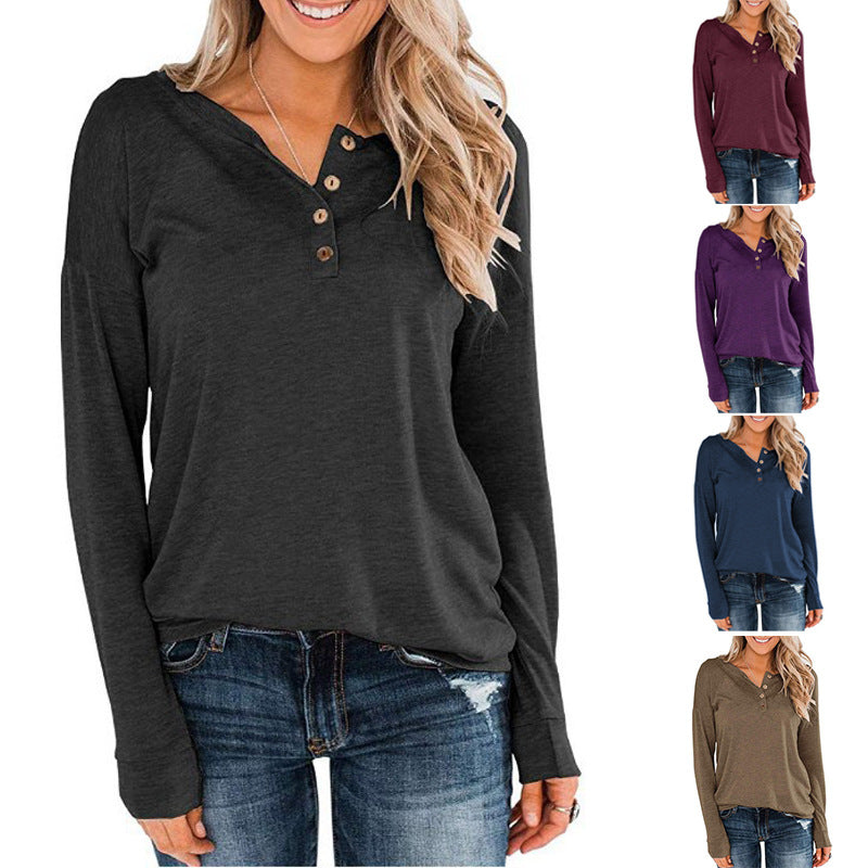 Women Solid Color Knitted Long-sleeved Leisure Round Neck Pullover Button Top T-shirt