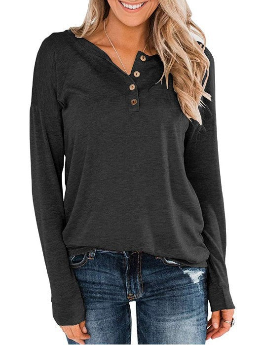 Women Solid Color Knitted Long-sleeved Leisure Round Neck Pullover Button Top T-shirt