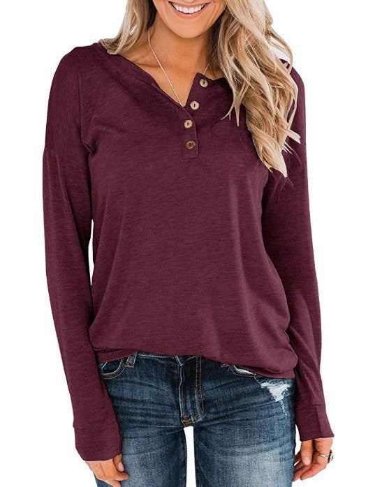 Women Solid Color Knitted Long-sleeved Leisure Round Neck Pullover Button Top T-shirt