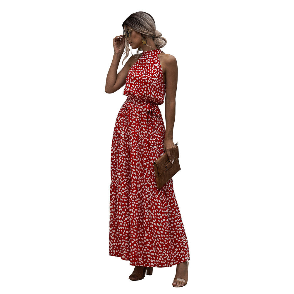 Color Dot Printed Lace Up Halter Tied Long Dress