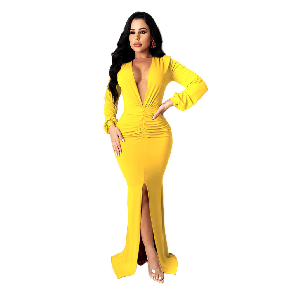 Solid Color Large V-neck Sexy Women's Temperament Commute Slim-fit Nightclub Evening Dress