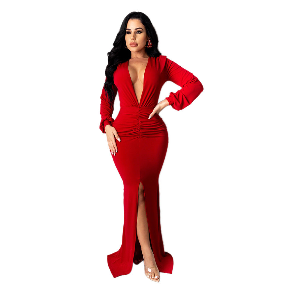 Solid Color Large V-neck Sexy Women's Temperament Commute Slim-fit Nightclub Evening Dress