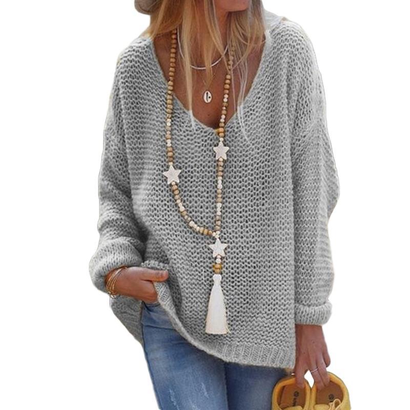 Women's Pullover Sweater V-neck Long-sleeved Knitted Top