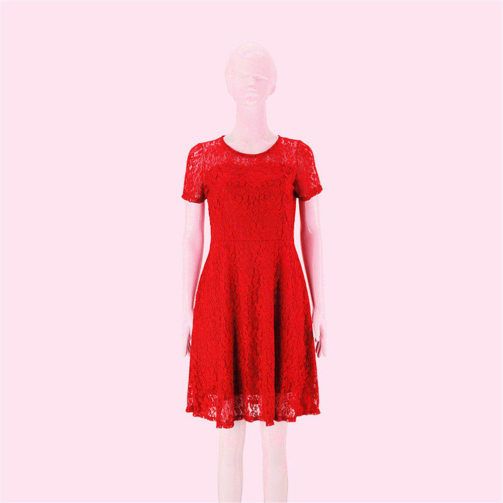 Women's Summer Fashion Round Basic Model Neck Short Sleeves Slim-fit Lace Dress